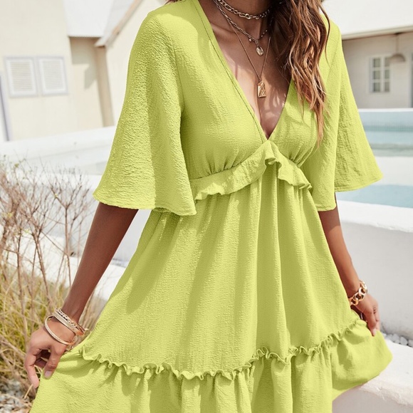 Boho White  V neck Ruffle Butterly Sleeve Dress - Picture 5 of 16